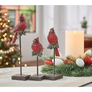 Valerie Parr Hill Set of 3 Cardinal Figurines Red Glitter Christmas Bird Decor